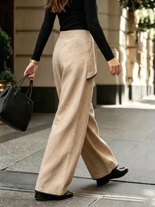 Penseblé Women's Black And White Checkered Colorblock Wide Leg Pants With Waistband Trim Front Waist Patch Decorative Buckle Back Elastic Waist Fall - Apricot - View 2