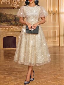 SHEIN Lady Gaun Pesta Kasual Wanita Berkerah Bulat dengan Hiasan Jala dan Glitter - Aprikot - View 3