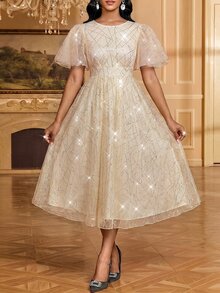 SHEIN Lady Gaun Pesta Kasual Wanita Berkerah Bulat dengan Hiasan Jala dan Glitter - Aprikot - View 5