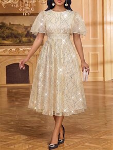 SHEIN Lady Gaun Pesta Kasual Wanita Berkerah Bulat dengan Hiasan Jala dan Glitter - Aprikot - View 6