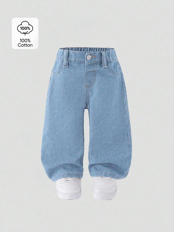 SHEIN Playful Pals Baby Girl New Casual Fashion Style Denim Shorts, Straight Leg Washed Jeans