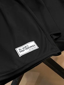 SHEIN 2 件套青少年男童休闲宽松舒适品牌徽标装饰短袖上衣和短裤套装，春夏 - 黑色 - 查看 4