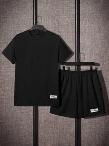 SHEIN 2 件套青少年男童休闲宽松舒适品牌徽标装饰短袖上衣和短裤套装，春夏 - 黑色 - 查看 3