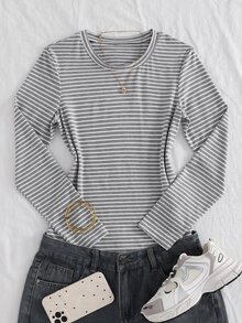 SHEIN 青少年女孩灰色與白色條紋長袖休閒百搭設計T恤，適合春季與秋季，完美適用於日常穿著、通勤、旅行與聚會 - 灰色 - 查看 9