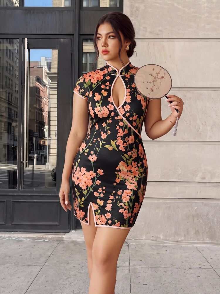 EastFlair Plus Size Women's Floral Print Button Design Cap Sleeve Elegant 2000s Dress Dinner Wedding Guest Black And White Summer - Multicolor - View 7