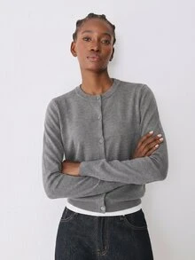 YARNWELL 女款時尚簡約端莊單排扣長袖針織開襟衫 教師節辦公室灰色秋季 - 灰色 - 查看 7