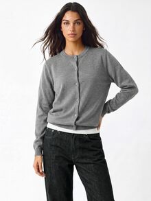 YARNWELL 女款時尚簡約端莊單排扣長袖針織開襟衫 教師節辦公室灰色秋季 - 灰色 - 查看 3