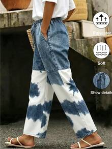 SHEIN LUNE CURVE Pantalones casuales de vacaciones para mujer, pantalones rectos con estampado floral azul vintage y patchwork, que muestran un estilo bohemio, adecuados para vacaciones de verano, salidas, desplazamientos, pantalones largos casuales para mujer, pantalones de vacaciones para mujer - Multicolor - Ver 1