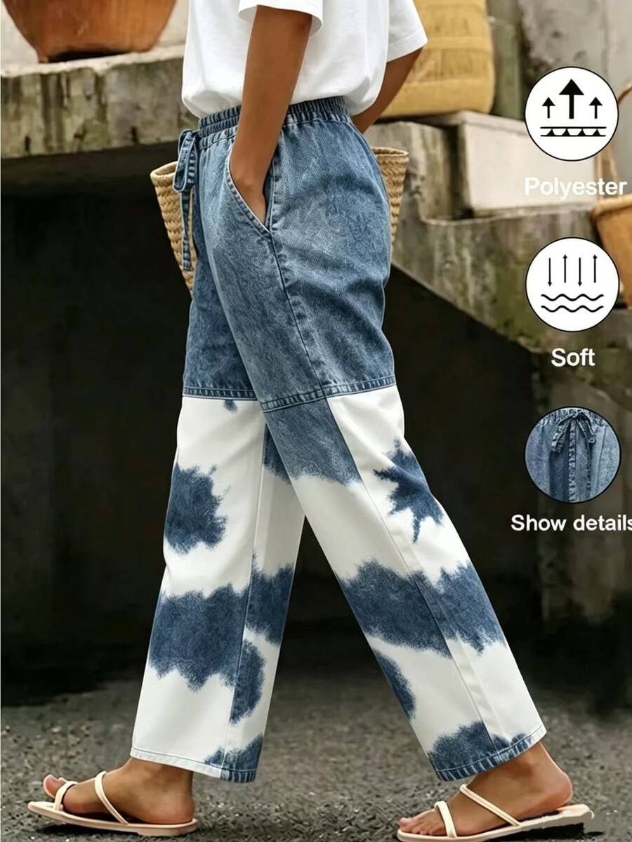 SHEIN LUNE CURVE Pantalones casuales de vacaciones para mujer, pantalones rectos con estampado floral azul vintage y patchwork, que muestran un estilo bohemio, adecuados para vacaciones de verano, salidas, desplazamientos, pantalones largos casuales para mujer, pantalones de vacaciones para mujer - Multicolor - Ver 1