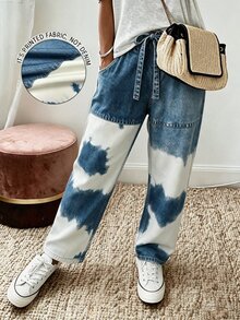 SHEIN LUNE CURVE Pantalones casuales de vacaciones para mujer, pantalones rectos con estampado floral azul vintage y patchwork, que muestran un estilo bohemio, adecuados para vacaciones de verano, salidas, desplazamientos, pantalones largos casuales para mujer, pantalones de vacaciones para mujer - Multicolor - Ver 3