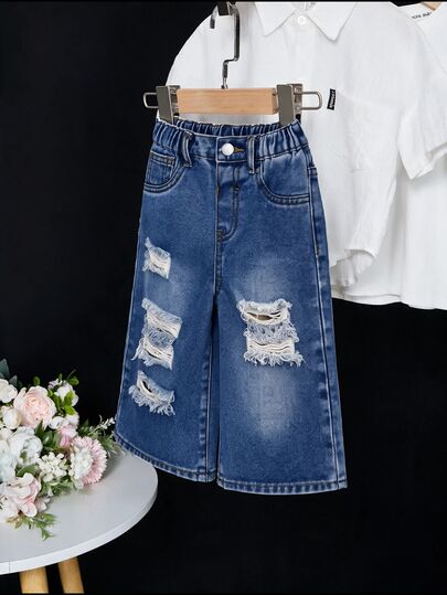 SHEIN 女嬰藍色牛仔寬鬆破洞牛仔褲，破洞牛仔褲女嬰做舊街頭風拉鍊經典耐穿易打理秋冬款