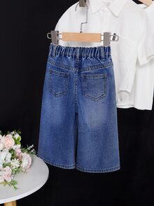 SHEIN Baby Girl Blue Denim Loose Ripped Jeans, Ripped Jeans Baby Girl Distressed Streetwear Zippered Classic Durable Easy-Care Jeans Fall Winter - Medium Wash - View 2