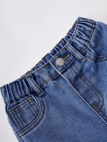 SHEIN Baby Girl Blue Denim Loose Ripped Jeans, Ripped Jeans Baby Girl Distressed Streetwear Zippered Classic Durable Easy-Care Jeans Fall Winter - Medium Wash - View 5