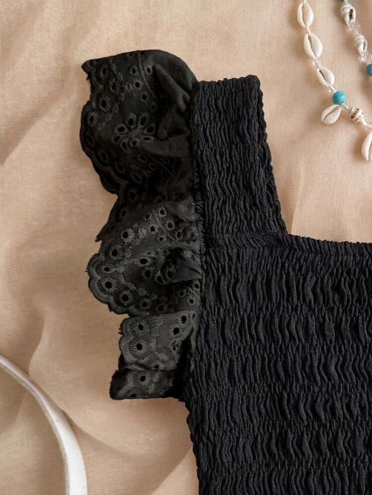 SHEIN Tween Girls' Casual Cute Black Summer Boho Vacation Holiday Patchwork Embroidery Lace Textured Knit Fitted Square Neck Top Vacation - Black - View 2