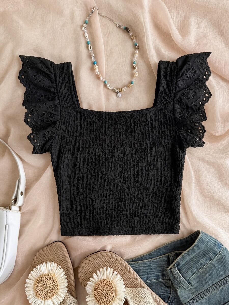 SHEIN Tween Girls' Casual Cute Black Summer Boho Vacation Holiday Patchwork Embroidery Lace Textured Knit Fitted Square Neck Top Vacation - Black - View 1