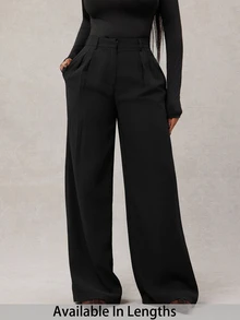 SHEIN Tall CURVE 大尺碼女款高腰百褶寬腿長褲 辦公商務黑色夏季休閒優雅 - 黑色 - 查看 3