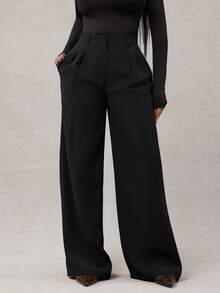 SHEIN Tall CURVE 大尺碼女款高腰百褶寬腿長褲 辦公商務黑色夏季休閒優雅 - 黑色 - 查看 4