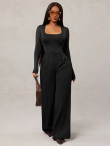 SHEIN Tall CURVE 大尺碼女款高腰百褶寬腿長褲 辦公商務黑色夏季休閒優雅 - 黑色 - 查看 6