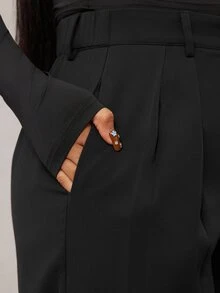 SHEIN Tall CURVE 大尺碼女款高腰百褶寬腿長褲 辦公商務黑色夏季休閒優雅 - 黑色 - 查看 5