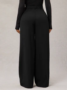 SHEIN Tall CURVE 大尺碼女款高腰百褶寬腿長褲 辦公商務黑色夏季休閒優雅 - 黑色 - 查看 2