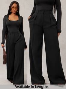 SHEIN Tall CURVE 大尺碼女款高腰百褶寬腿長褲 辦公商務黑色夏季休閒優雅 - 黑色 - 查看 1