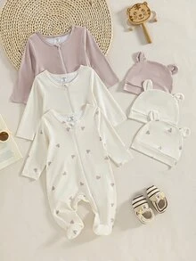 SHEIN Vintaside Kids 6件/3套新生兒長袖連身褲，灰粉色，秋冬款，可愛，親子穿搭，愛心印花嬰兒休閒套裝 - 彩色 - 查看 4