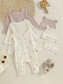 SHEIN Vintaside Kids 6件/3套新生兒長袖連身褲，灰粉色，秋冬款，可愛，親子穿搭，愛心印花嬰兒休閒套裝 - 彩色 - 查看 3