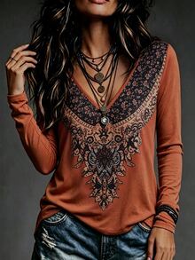 LUMIGAL Kaos Lengan Panjang Wanita Model V-Neck Kasual Serbaguna untuk Sehari-hari - Jeruk - View 1