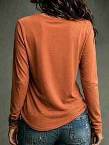 LUMIGAL Kaos Lengan Panjang Wanita Model V-Neck Kasual Serbaguna untuk Sehari-hari - Jeruk - View 2