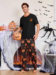 CoupledUp Men's Knitted Casual Fun Cartoon Halloween Element Pattern Print Loungewear Set - Black - View 6