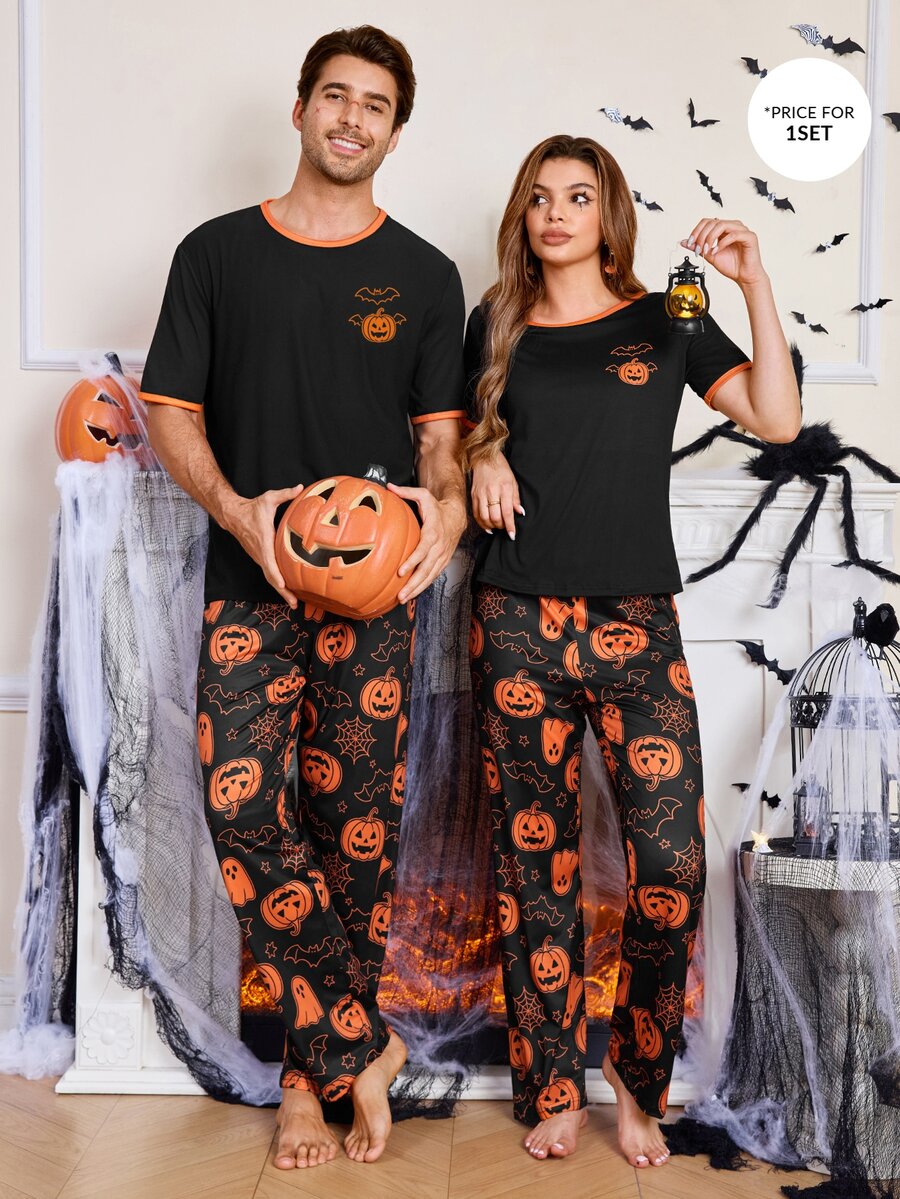 CoupledUp Men's Knitted Casual Fun Cartoon Halloween Element Pattern Print Loungewear Set - Black - View 1