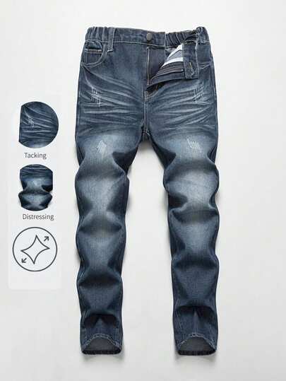 Tween Boys Distressed Denim Jeans, Vintage Wash, Casual School Style, Comfortable Cotton, Suitable For Daily Wear And Autumn/Winter Boy 10 Years Old