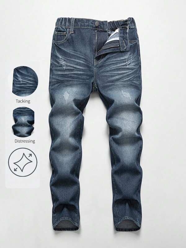 Tween Boys Distressed Denim Jeans, Vintage Wash, Casual School Style, Comfortable Cotton, Suitable For Daily Wear And Autumn/Winter Boy 10 Years Old