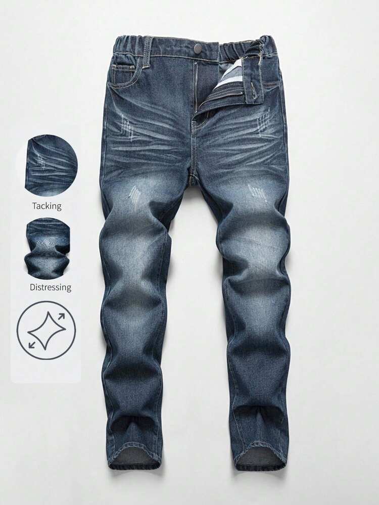 Tween Boys Distressed Denim Jeans, Vintage Wash, Casual School Style, Comfortable Cotton, Suitable For Daily Wear And Autumn/Winter Boy 10 Years Old - Navy Blue - View 7