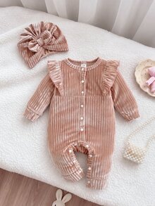 SHEIN 2件組嬰兒男童女童幼兒溫柔法式套裝，淺棕色直條紋荷葉邊按扣前開式連身衣，附蝴蝶結頭巾帽，長袖羅紋 - 咖啡棕 - 查看 3