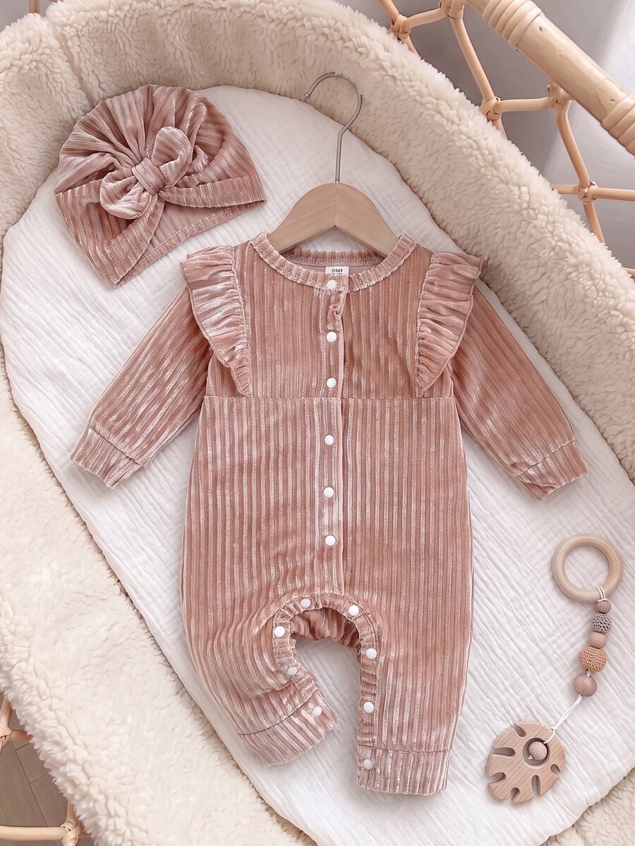 SHEIN 2件組嬰兒男童女童幼兒溫柔法式套裝,淺棕色直條紋荷葉邊按扣前開式連身衣,附蝴蝶結頭巾帽,長袖羅紋 - 咖啡棕 - 查看 1