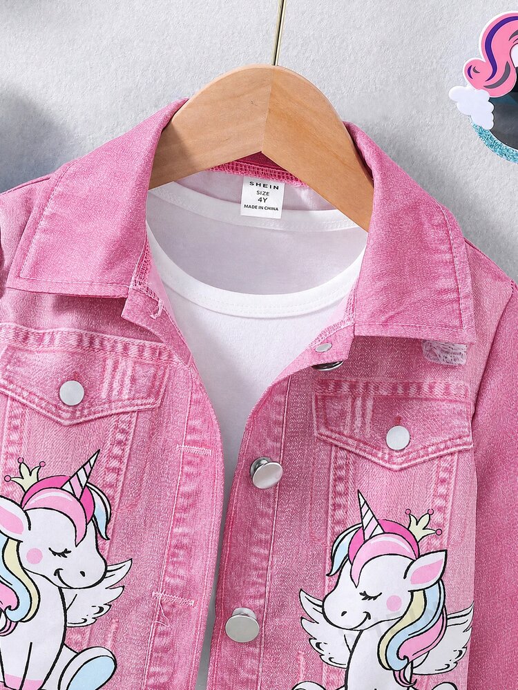 Girls' Denim Effect Effect Cute Unicorn Cropped Jacket - Pink - View 3