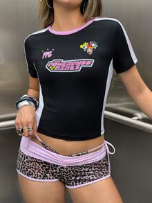 THE POWERPUFF GIRLS X SHEIN Women's Crew Neck Short Sleeve Cropped T-Shirt - Black - View 4