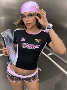THE POWERPUFF GIRLS X SHEIN Women's Crew Neck Short Sleeve Cropped T-Shirt - Black - View 6