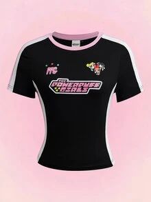THE POWERPUFF GIRLS X SHEIN Women's Crew Neck Short Sleeve Cropped T-Shirt - Black - View 1