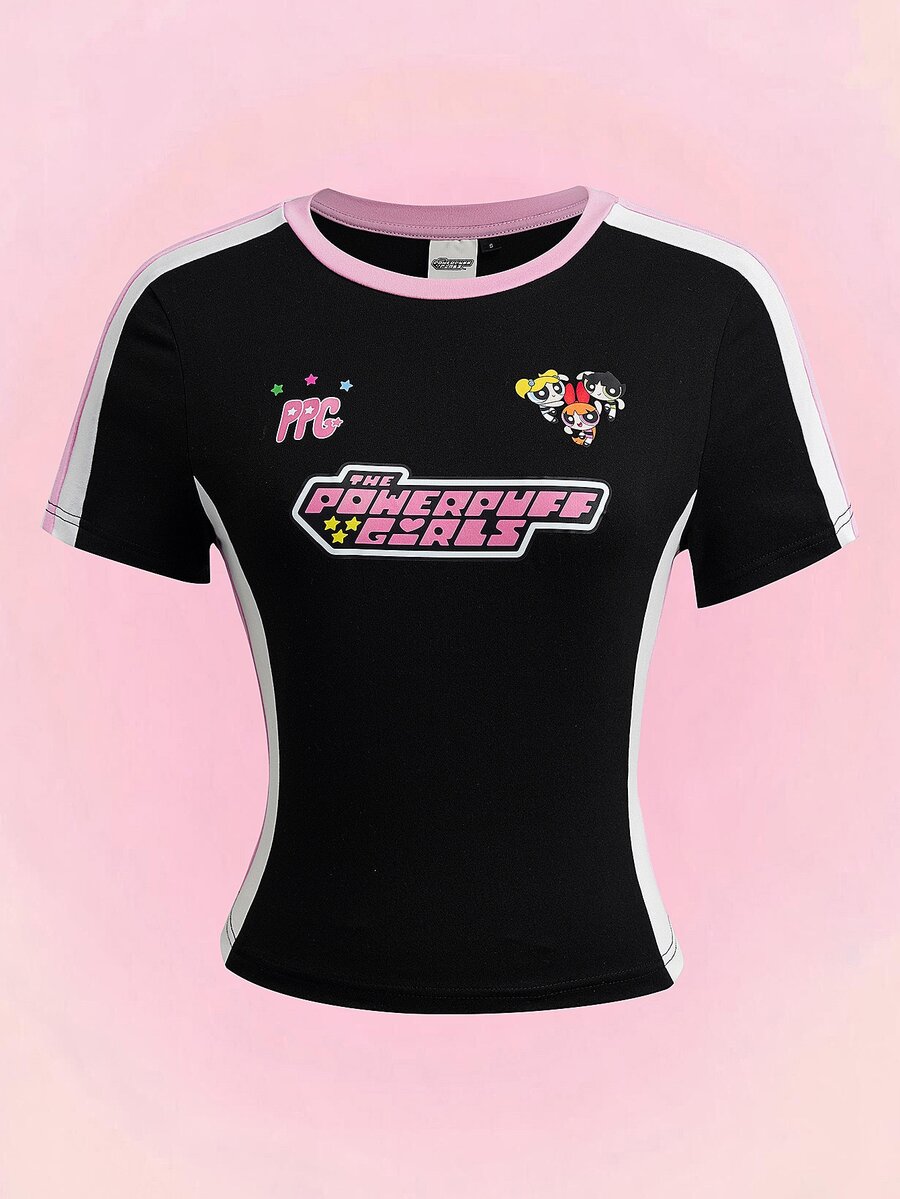 THE POWERPUFF GIRLS X SHEIN Women's Crew Neck Short Sleeve Cropped T-Shirt - Black - View 1