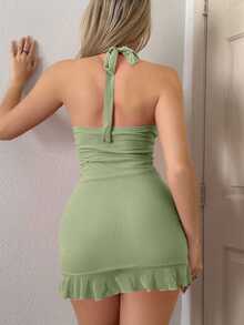 SHEIN ICON Y2k夏季露背系帶，荷葉邊，透性網紗包裹迷你粉色連衣裙 - 薄荷綠 - 查看 3