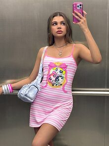 THE POWERPUFF GIRLS X SHEIN Women's Pink And White Striped Cartoon Print Casual Y2k Daily Short Camisole Dress Everyday House Summer - Pink - View 2