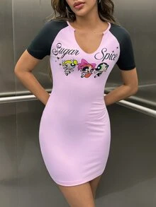 THE POWERPUFF GIRLS X SHEIN 女款字母卡通印花休閒日常短洋裝 - 粉色 - 查看 4