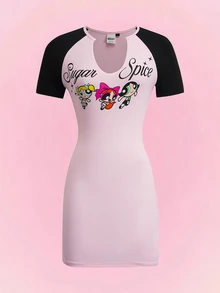 THE POWERPUFF GIRLS X SHEIN 女款字母卡通印花休閒日常短洋裝 - 粉色 - 查看 1