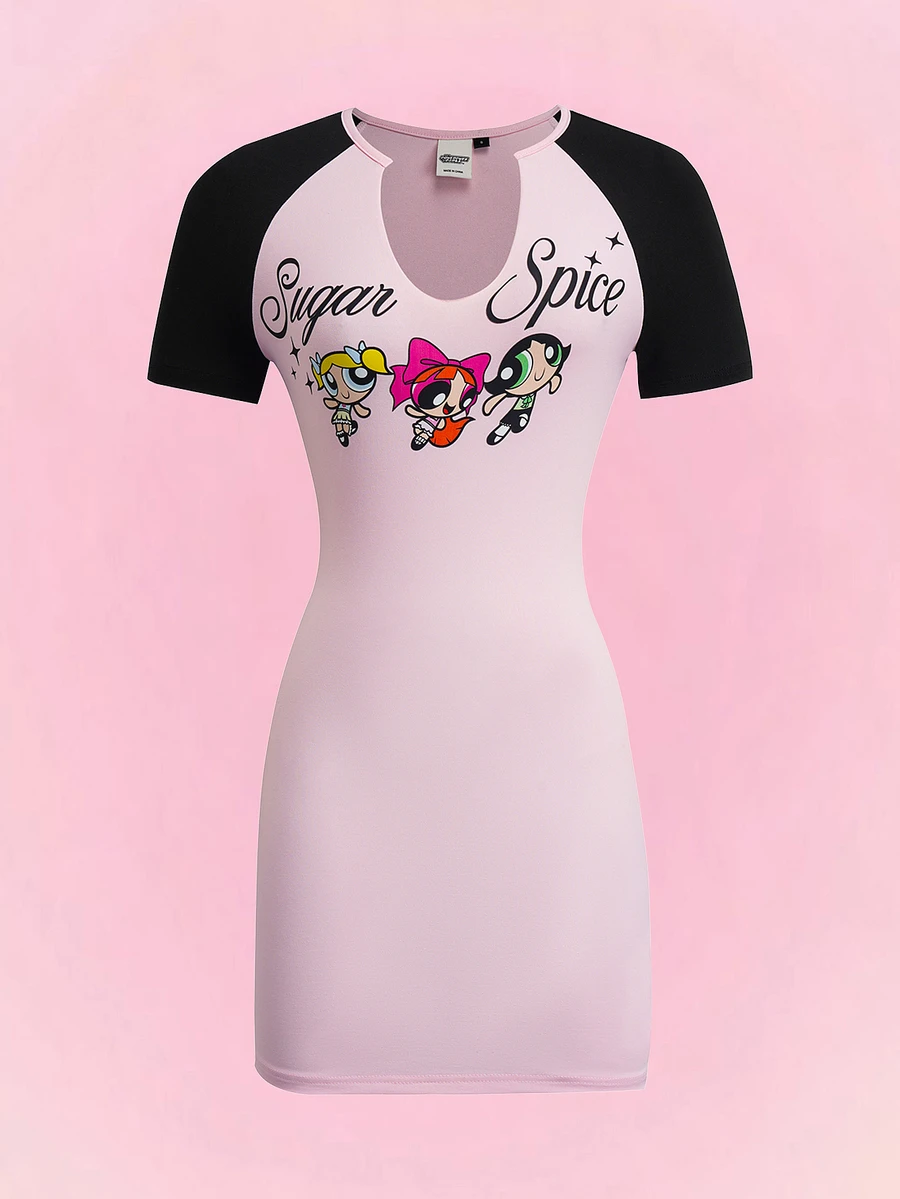 THE POWERPUFF GIRLS X SHEIN 女款字母卡通印花休閒日常短洋裝 - 粉色 - 查看 1