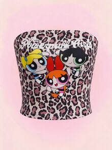 THE POWERPUFF GIRLS X SHEIN 女款灰色豹紋卡通圖案抹胸上衣 夜店聚會 夏季街頭風 Y2K 性感 - 棕色 - 查看 1