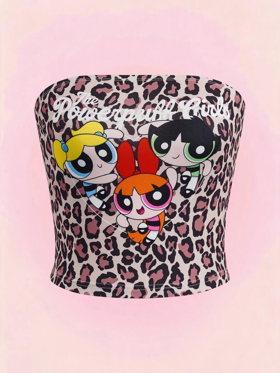 THE POWERPUFF GIRLS X SHEIN 女款灰色豹紋卡通圖案抹胸上衣 夜店聚會 夏季街頭風 Y2K 性感 - 棕色 - 查看 1