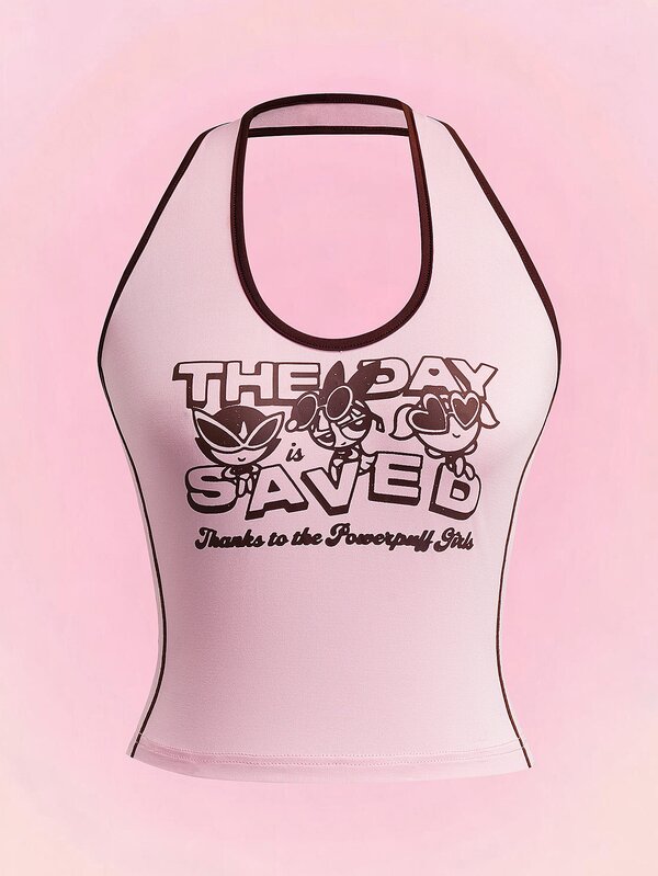 THE POWERPUFF GIRLS X SHEIN Women's Sexy Letter Print Colorblock Cropped Halter Top