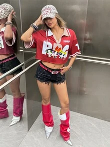 THE POWERPUFF GIRLS X SHEIN 女款卡通印花短版 T-shirt - 紅白色 - 查看 7